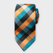 Blue Orange Black Plaid Silk Tie Pocket Square Cufflink Set