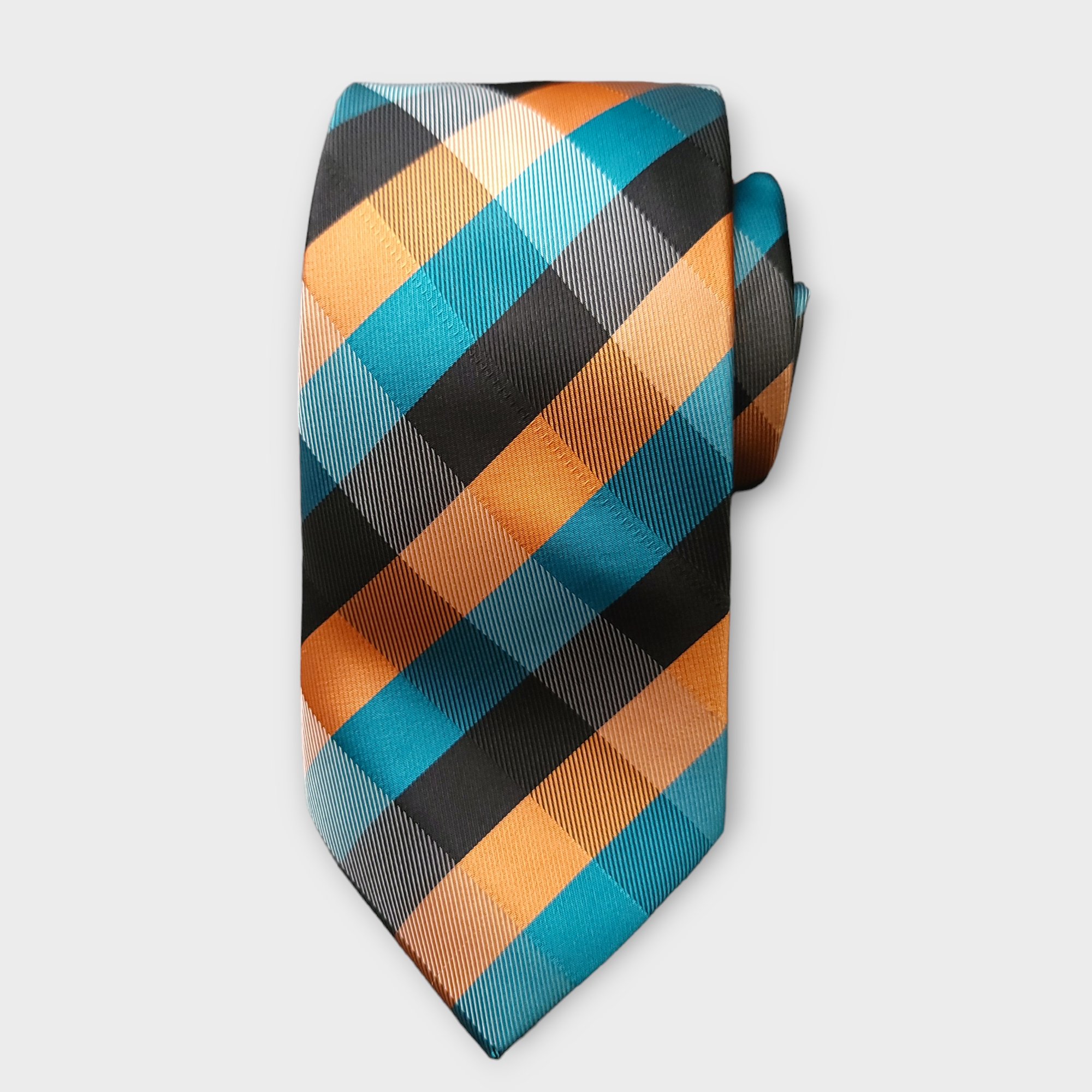 Blue Orange Black Plaid Silk Tie Pocket Square Cufflink Set