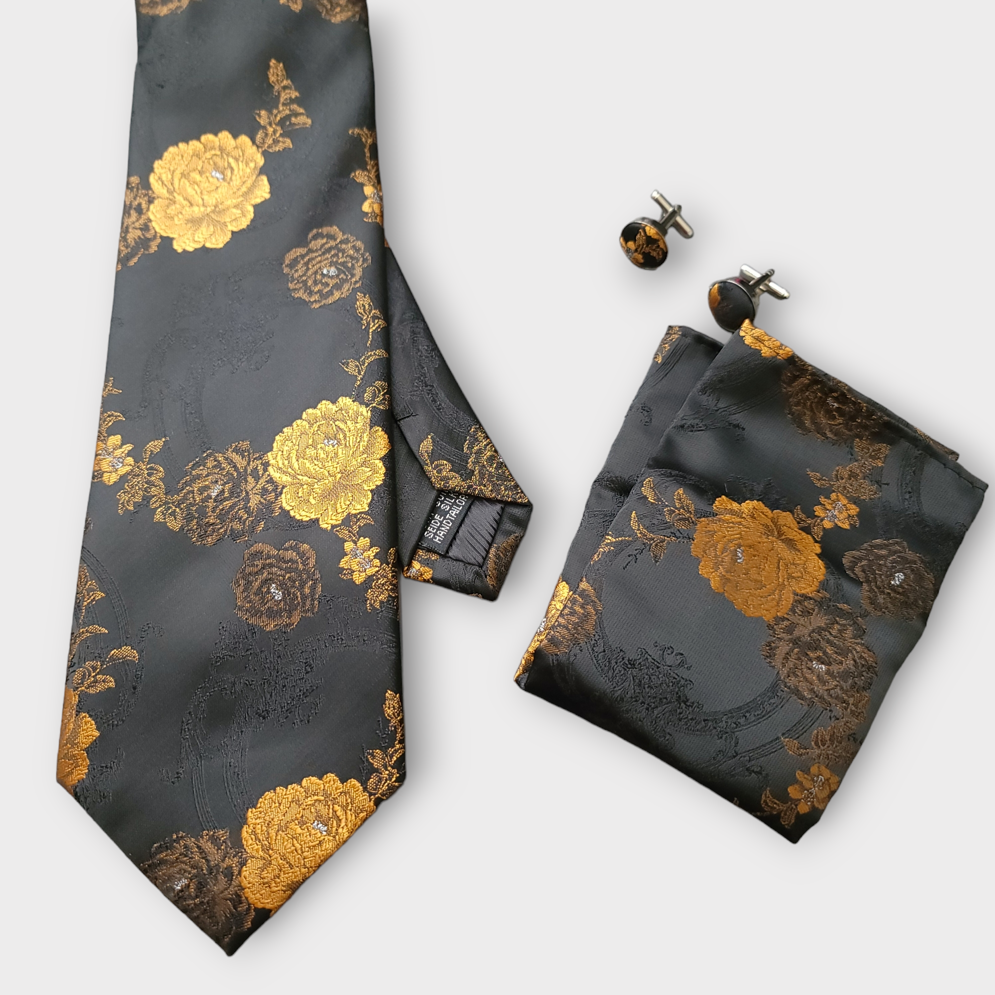 Gold Black Floral Silk Tie Pocket Square Cufflink Set