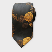 Gold Black Floral Silk Tie Pocket Square Cufflink Set