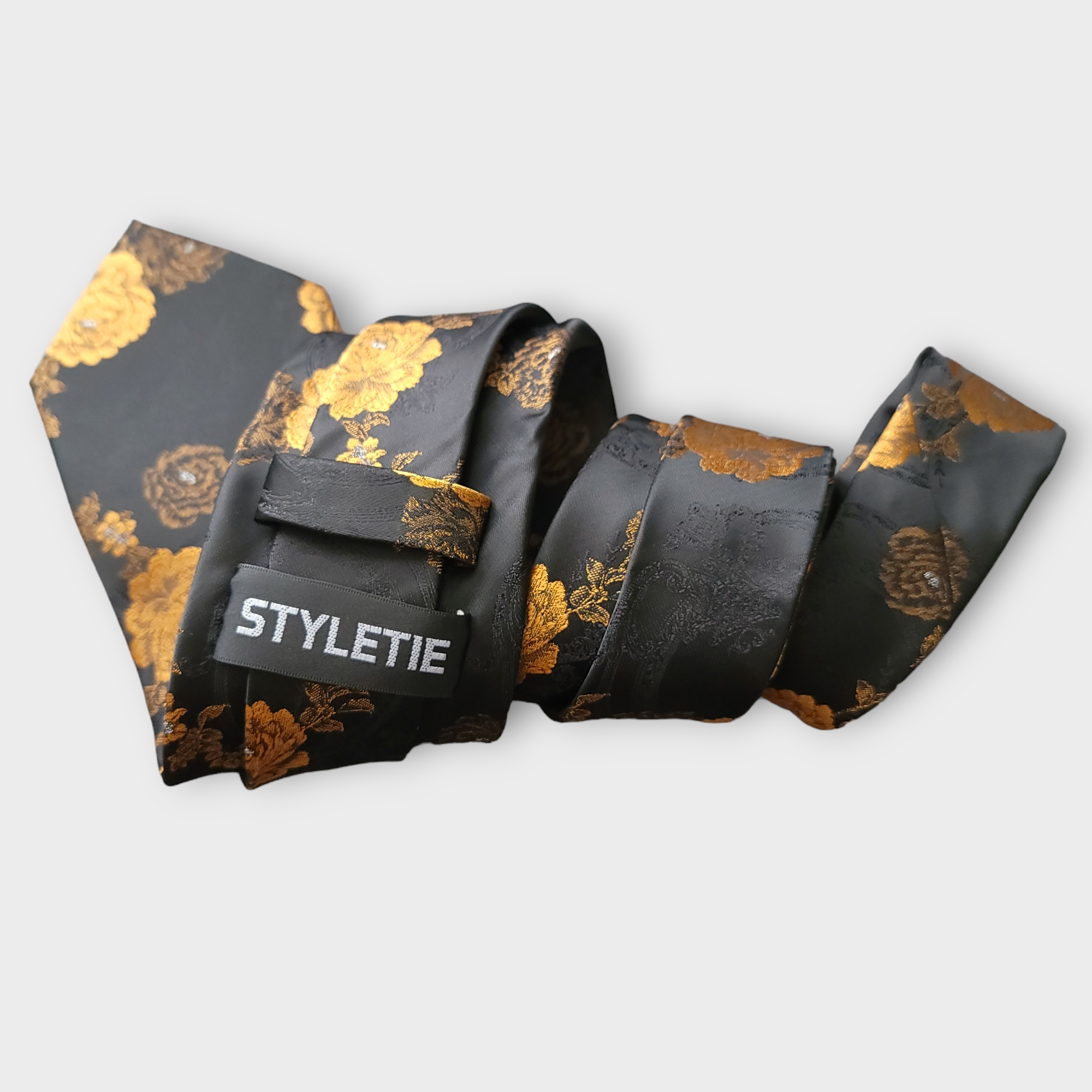 Gold Black Floral Silk Tie Pocket Square Cufflink Set