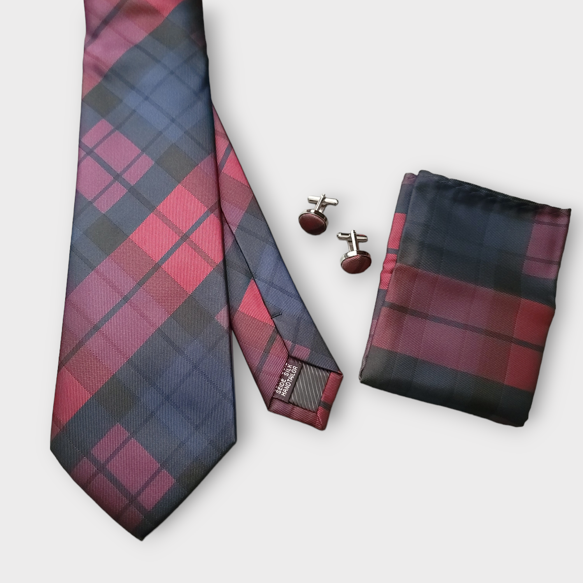 Black Burgundy Plaid Silk Tie Pocket Square Cufflink Set