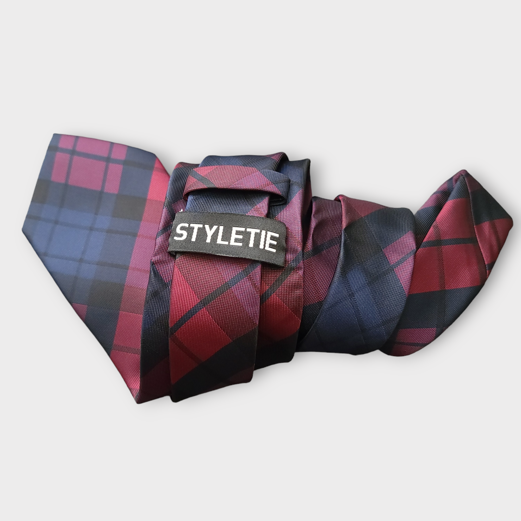 Black Burgundy Plaid Silk Tie Pocket Square Cufflink Set