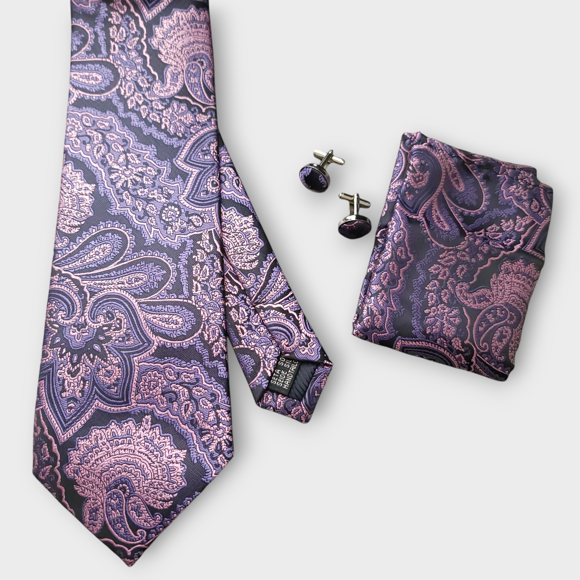 Purple Pink Paisley Silk Tie Pocket Square Cufflink Set