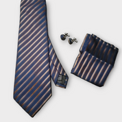 Blue Stripe Gold Silk Tie Pocket Square Cufflinks Set