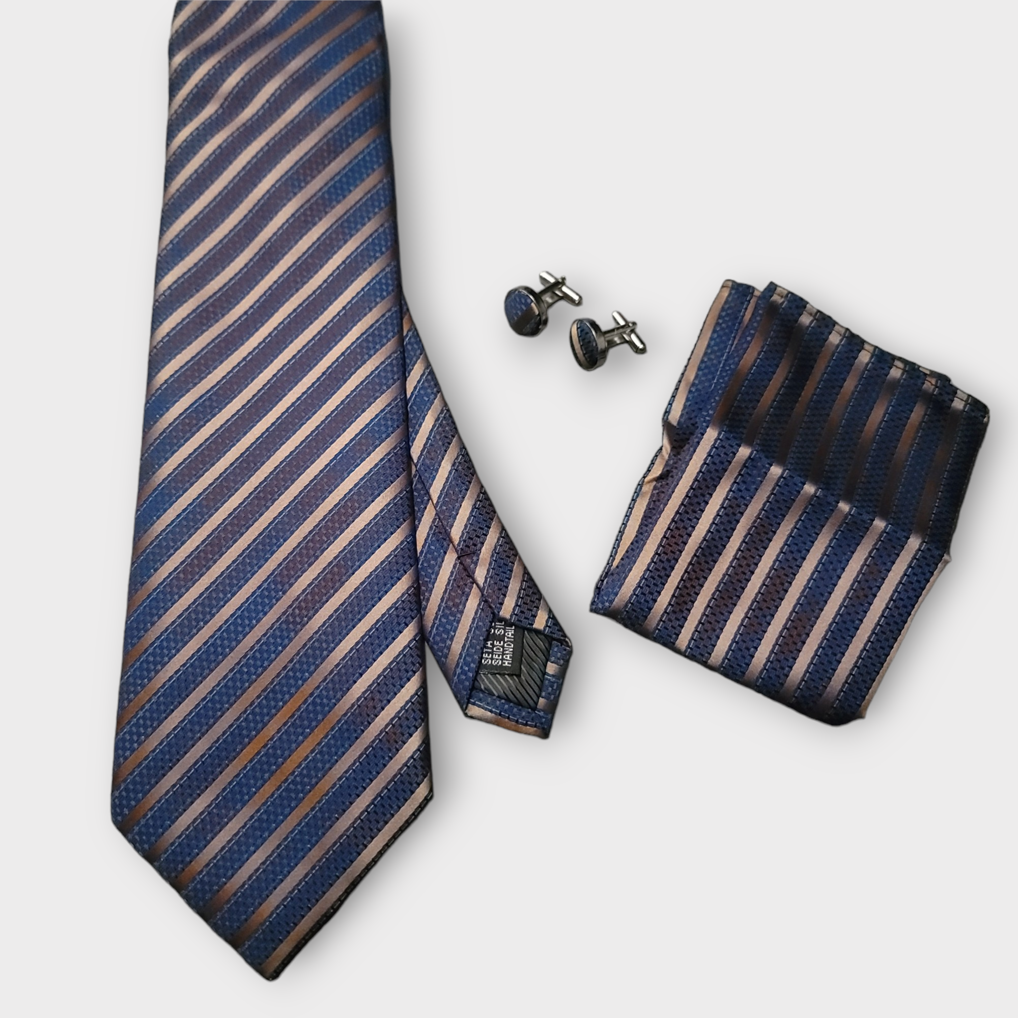 Blue Stripe Gold Silk Tie Pocket Square Cufflinks Set