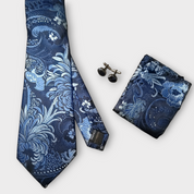 Blue Floral Silk Tie Pocket Square Cufflink Set