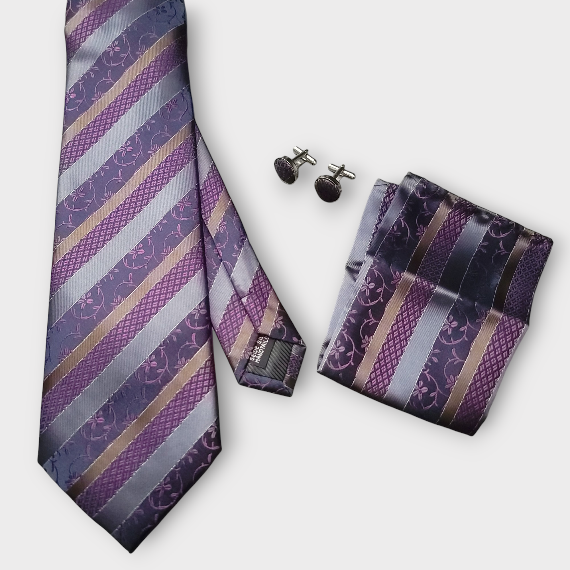 Purple Stripe Floral Silk Tie Pocket Square Cufflink Set