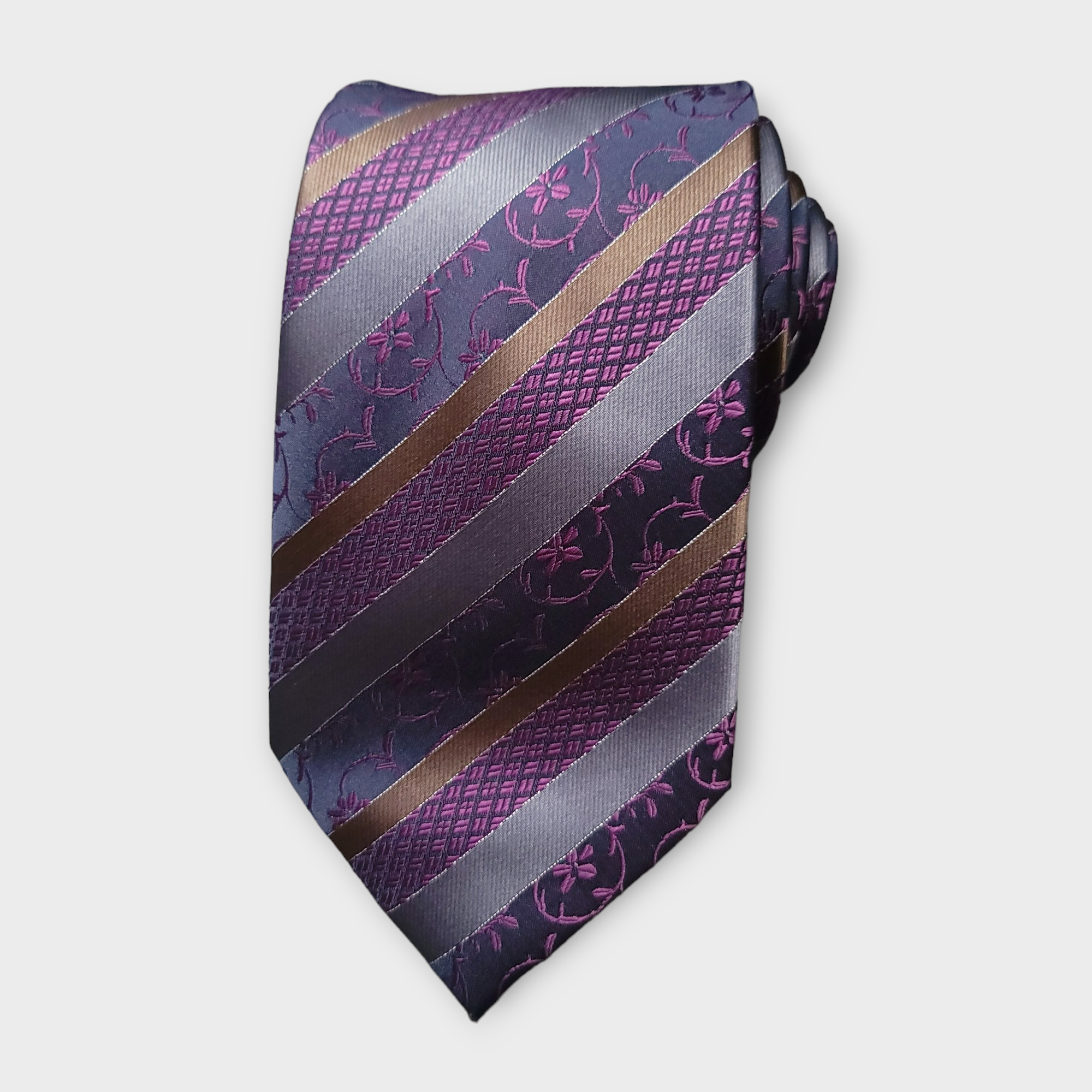 Purple Stripe Floral Silk Tie Pocket Square Cufflink Set