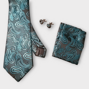 Black Turquoise Paisley Silk Tie Pocket Square Cufflink Set
