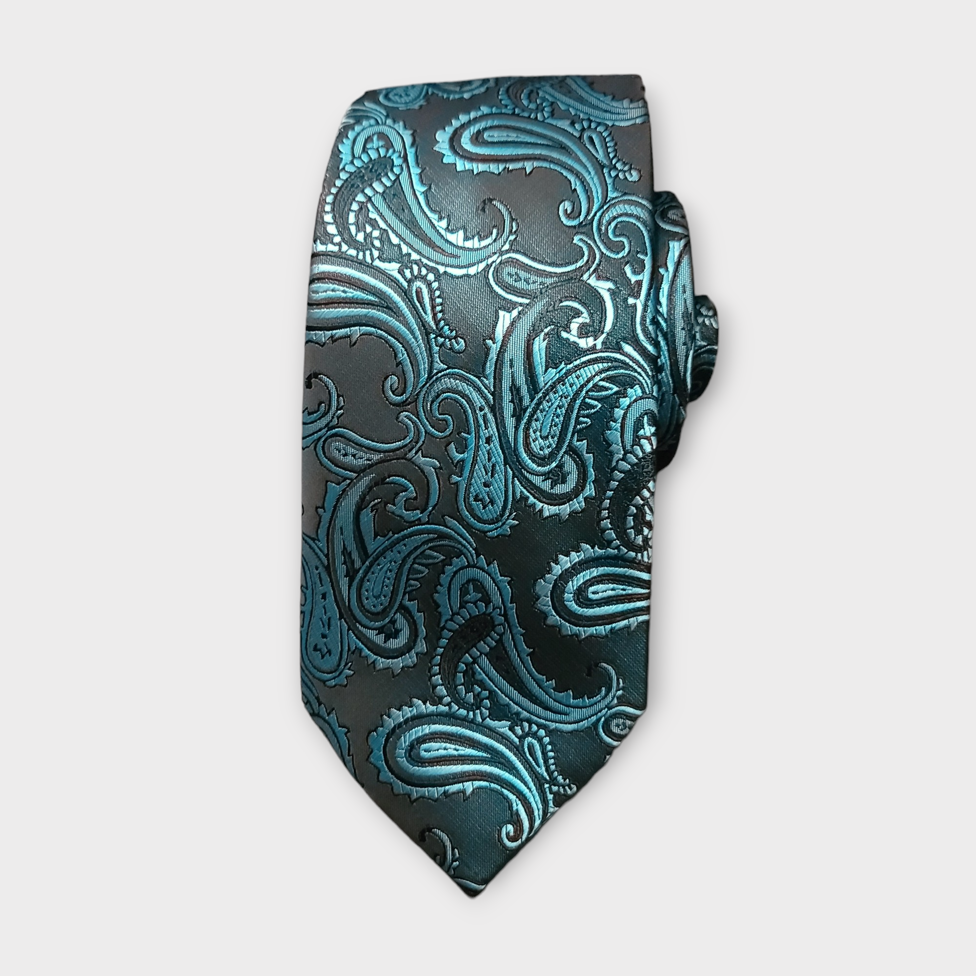 Black Turquoise Paisley Silk Tie Pocket Square Cufflink Set