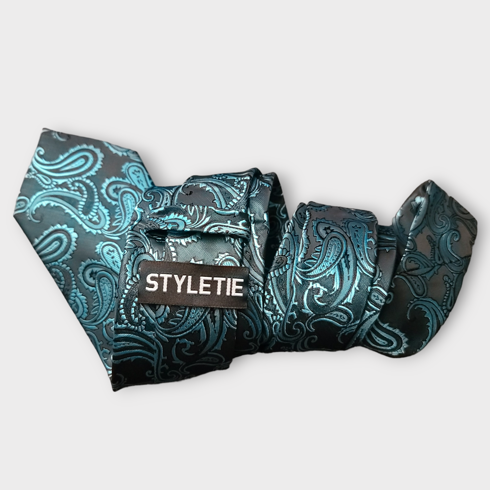 Black Turquoise Paisley Silk Tie Pocket Square Cufflink Set