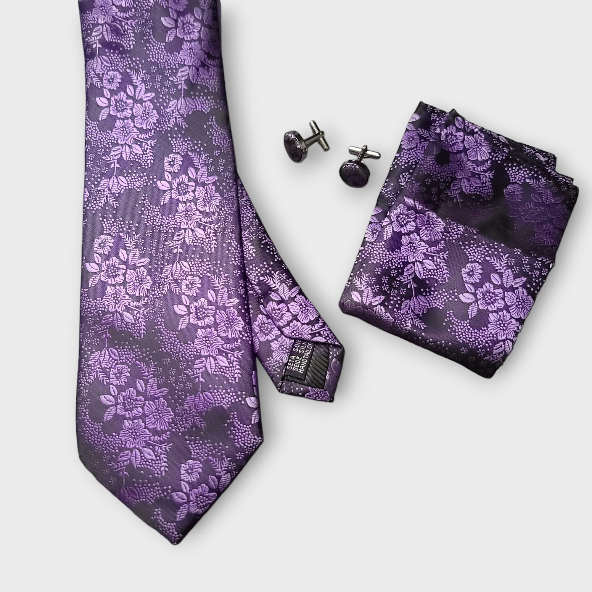 Purple Floral Silk Tie Pocket Square Set