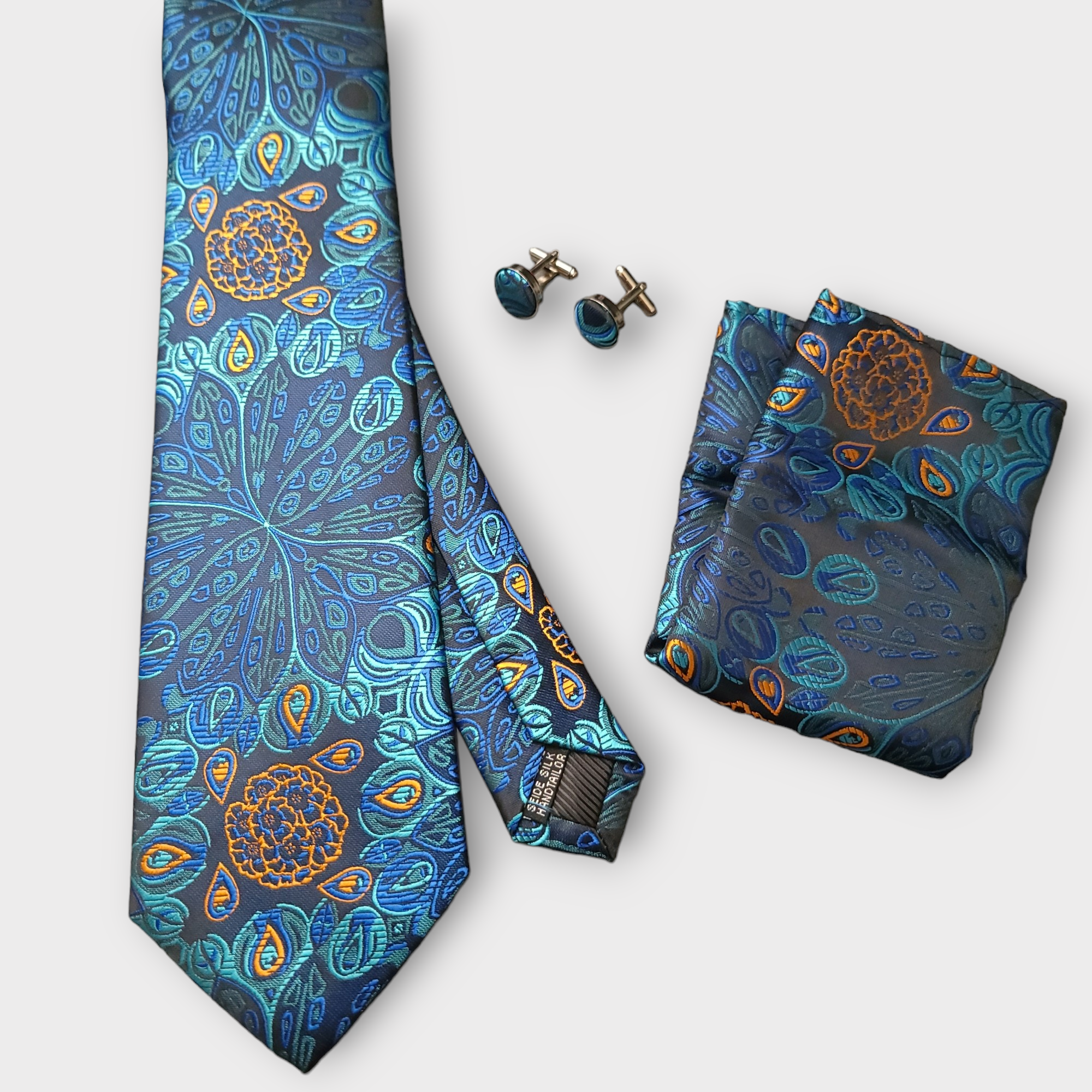 Blue Paisley Floral Silk Tie Pocket Square Cufflinks Set
