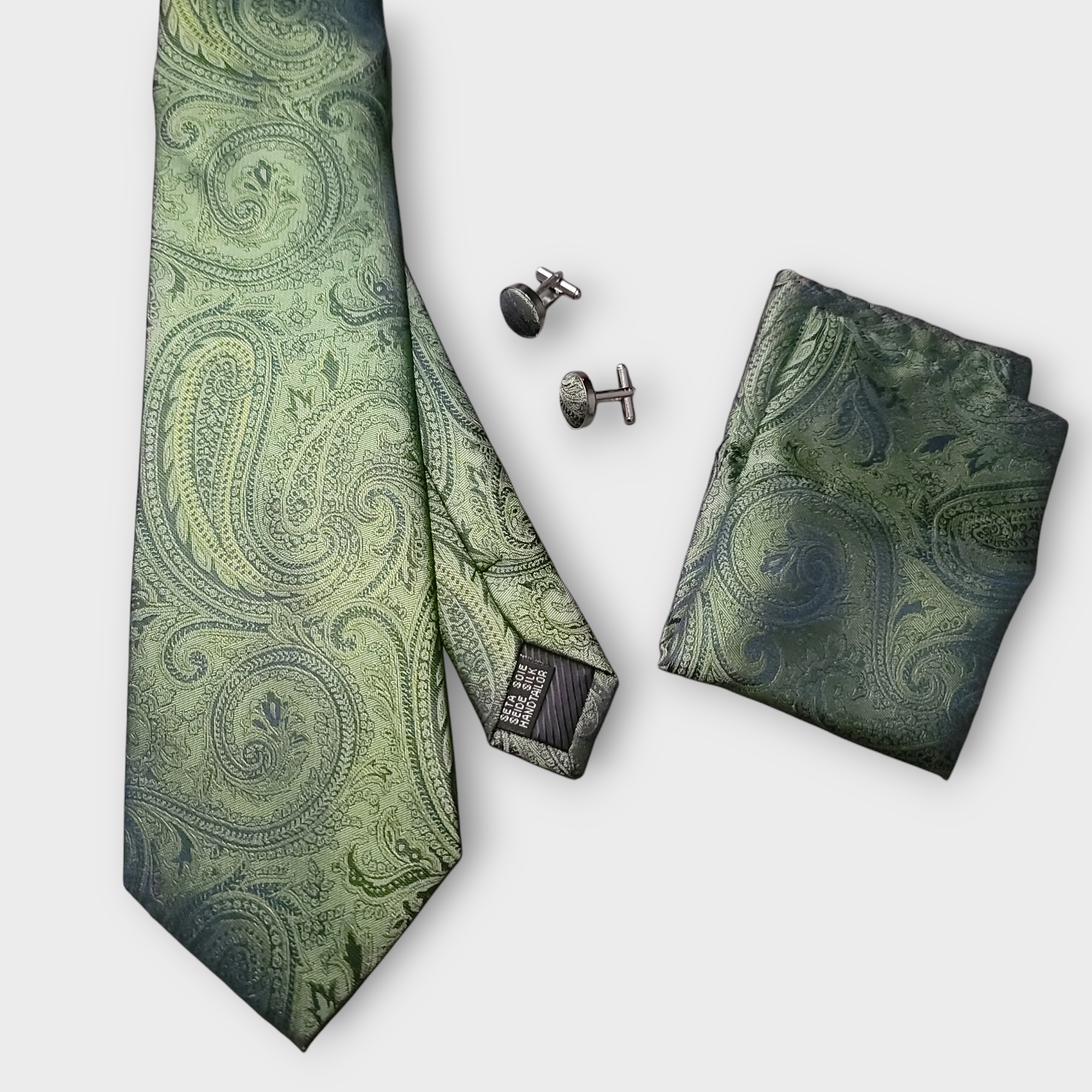 Green Black Paisley Silk Tie Pocket Square Cufflink Set
