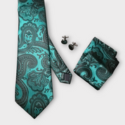 Blue Black Paisley Silk Tie Pocket Square Cufflink Set