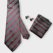 Gray Red Striped Silk Tie Pocket Square Cufflinks Set