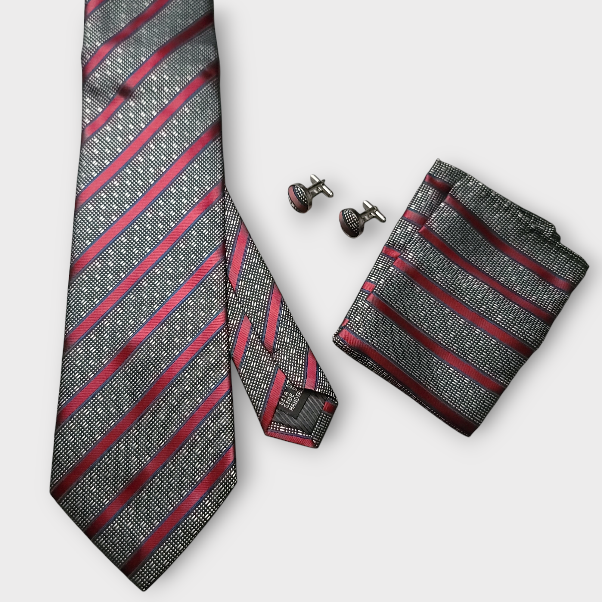 Gray Red Striped Silk Tie Pocket Square Cufflinks Set