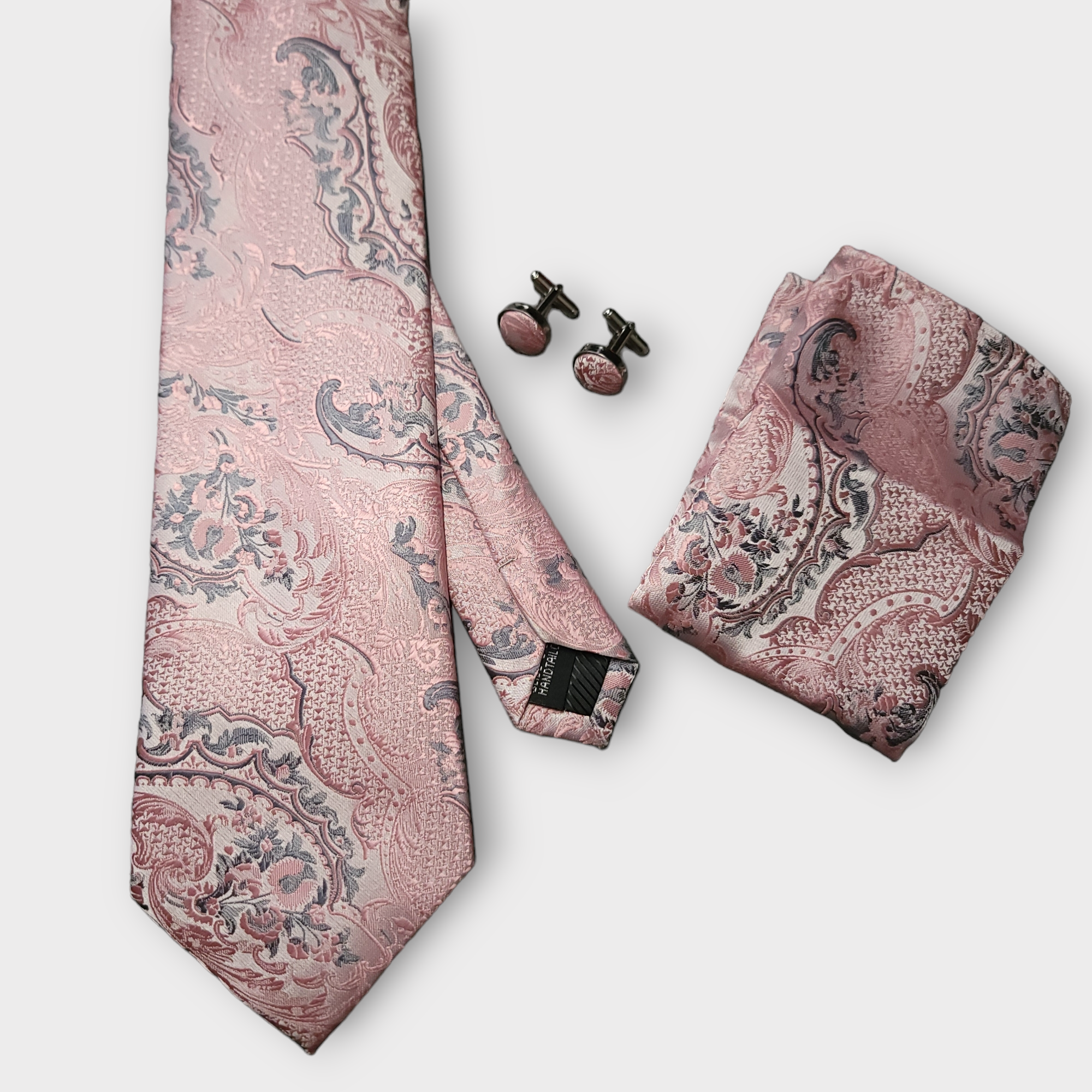 Pink Floral Silk Tie Pocket Square Cufflink Set