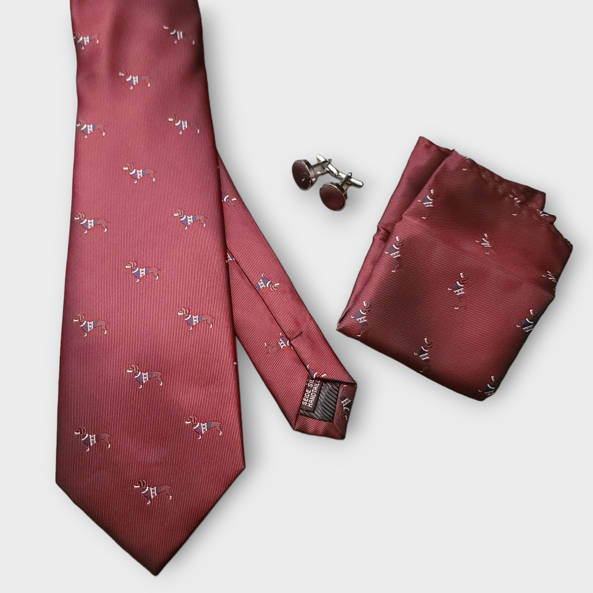 Burgundy Dog Print Silk Tie Pocket Square Cufflink Set