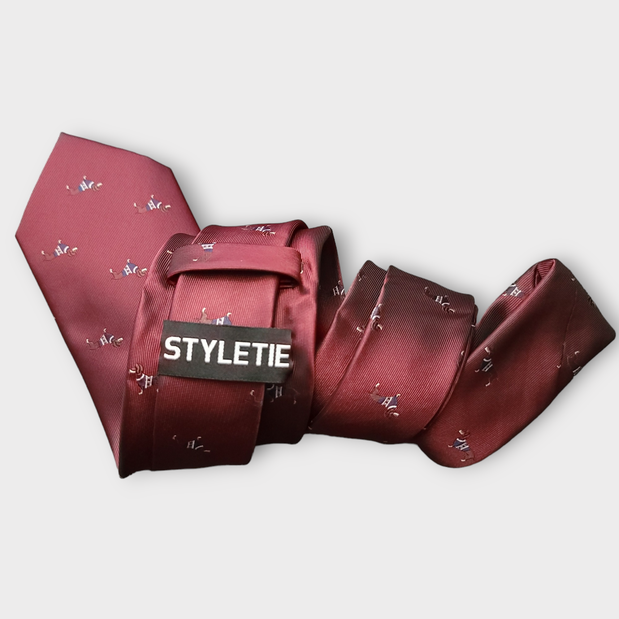 Burgundy Puppy Dog Print Silk Tie Pocket Square Cufflink Set