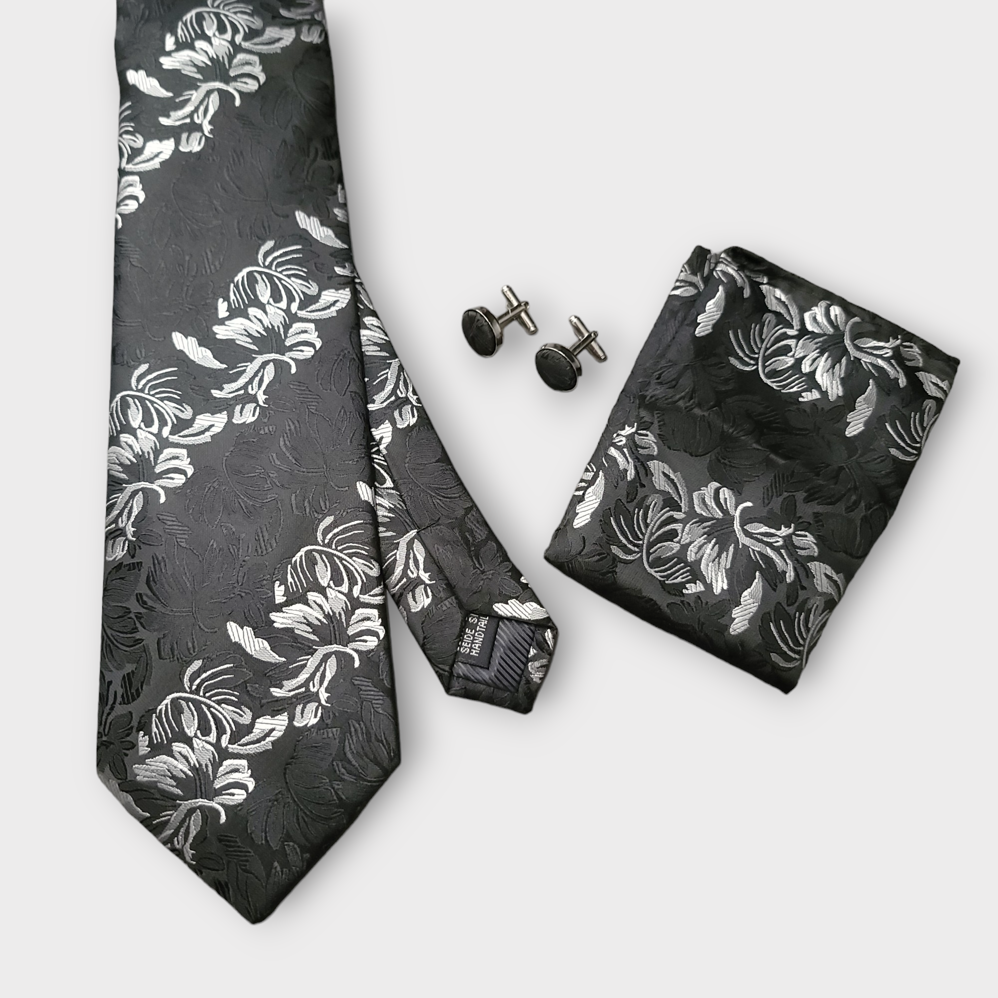 Black White Floral Silk Tie Pocket Square Cufflink Set