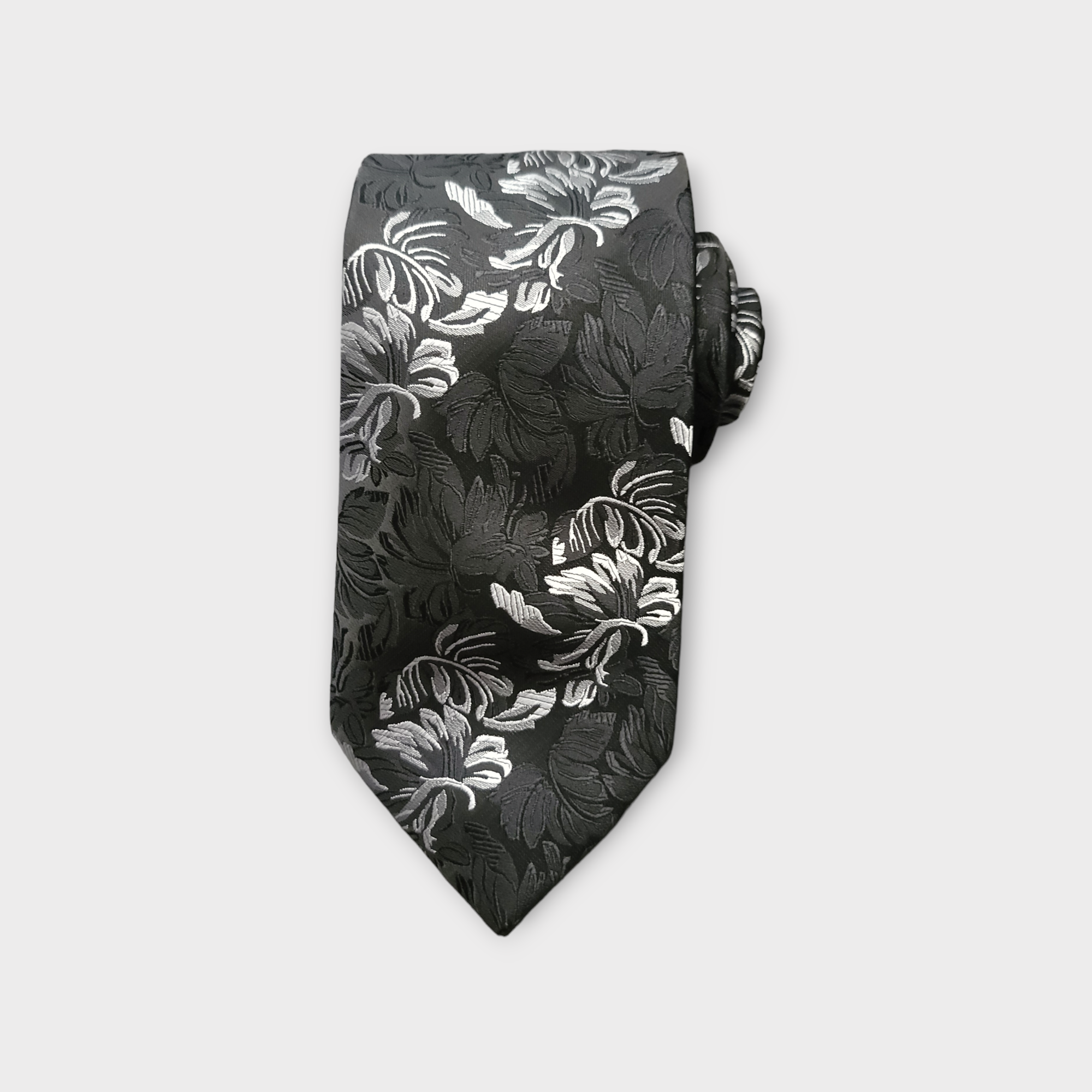 Black White Floral Silk Tie Pocket Square Cufflink Set