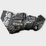 Black White Floral Silk Tie Pocket Square Cufflink Set