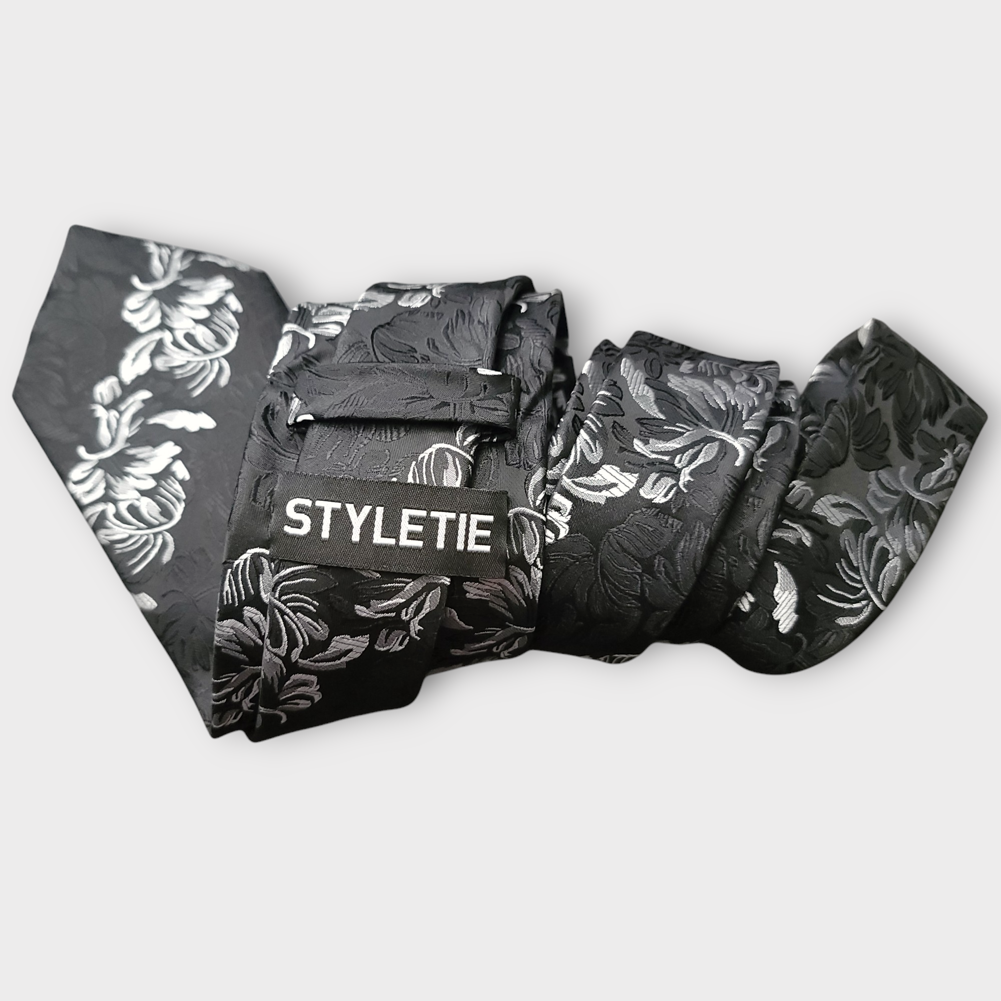 Black White Floral Silk Tie Pocket Square Cufflink Set