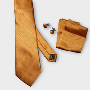 Gold Orange Plaid Silk Tie Pocket Square Cufflink Set