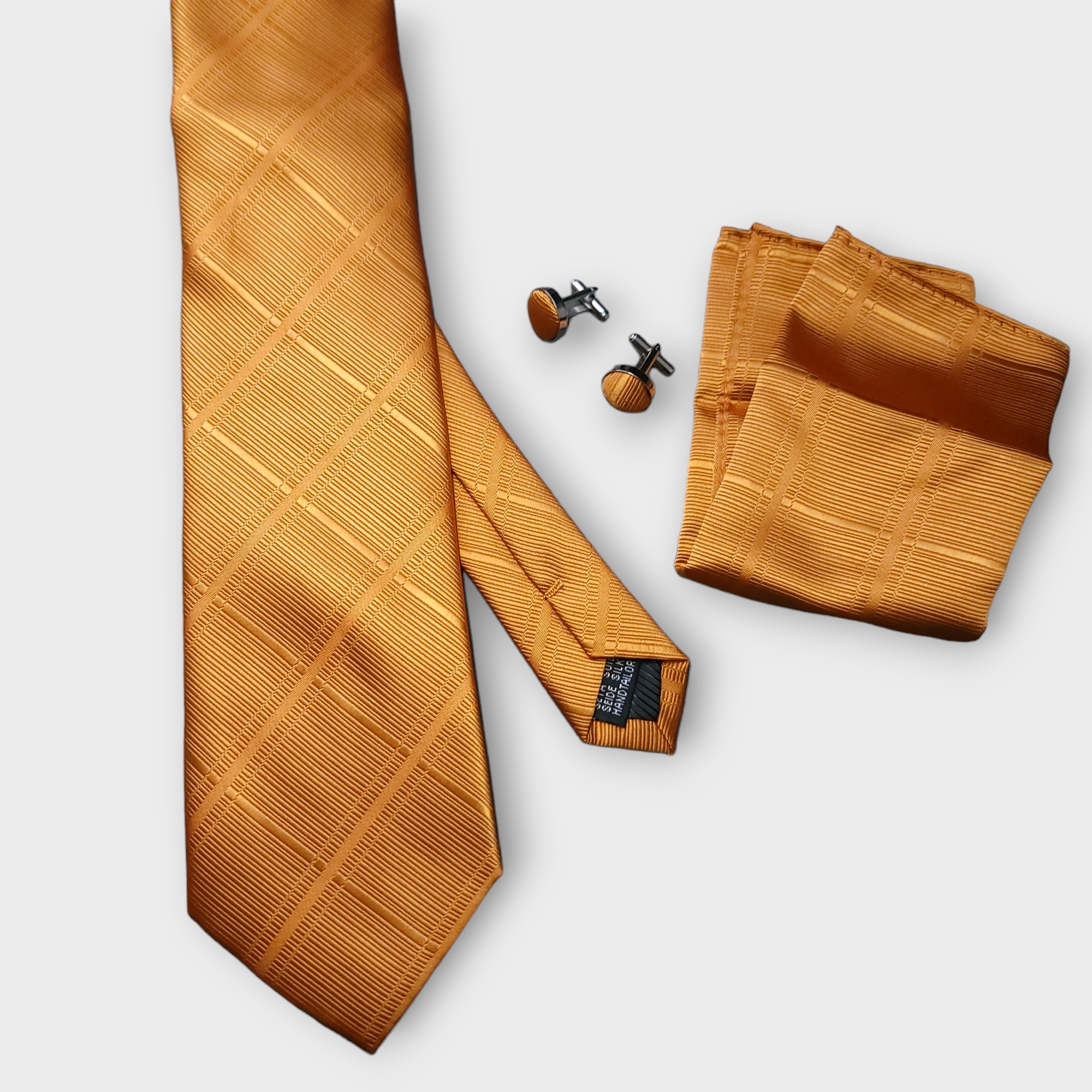 Orange Plaid Silk Tie Pocket Square Cufflink Set