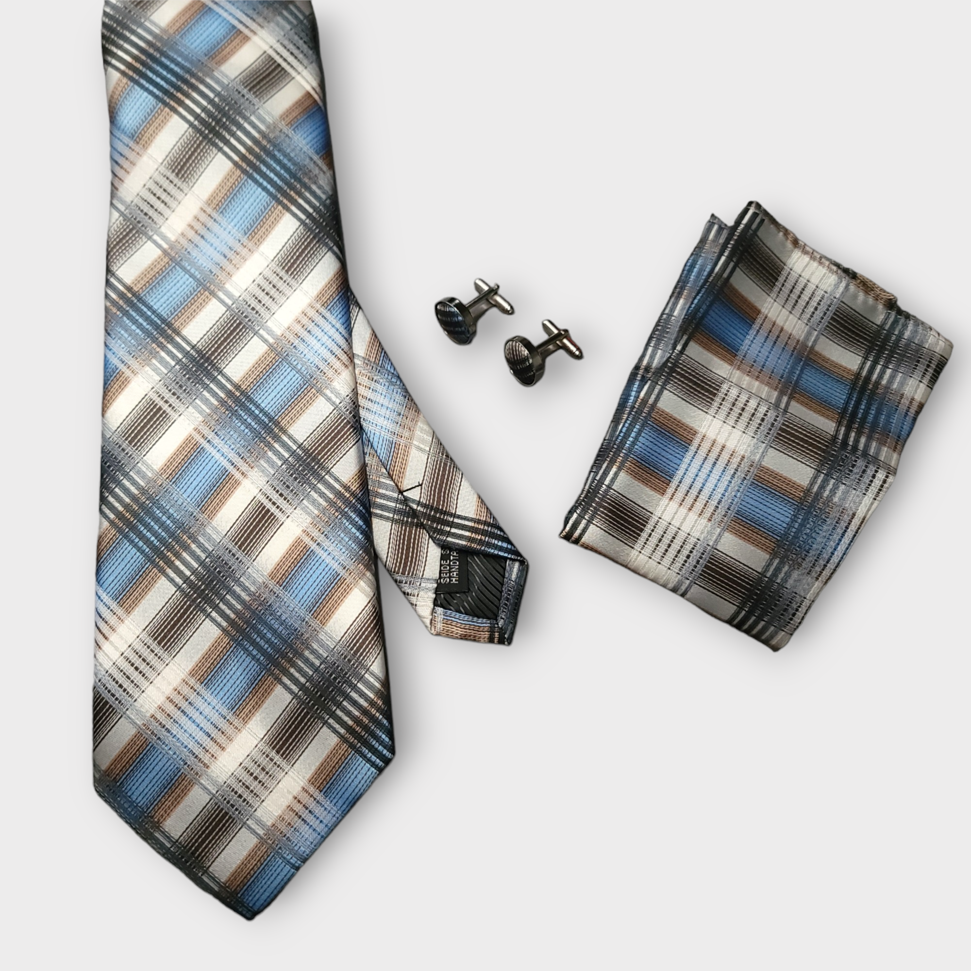 Black Blue Khaki Plaid Silk Tie Pocket Square Cufflink Set