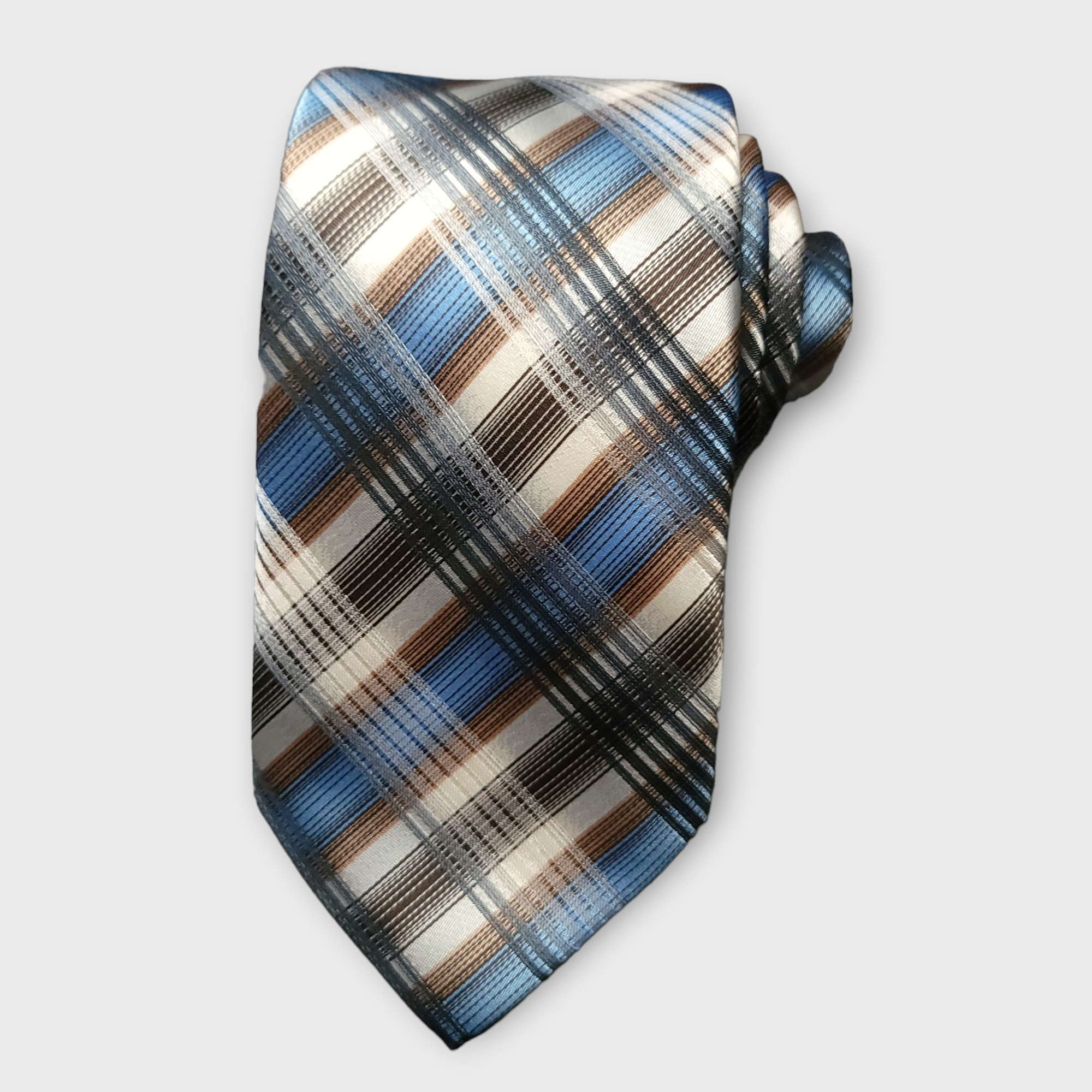 Black Blue Khaki Plaid Silk Tie Pocket Square Cufflink Set