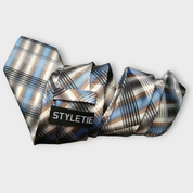 Black Blue Khaki Plaid Silk Tie Pocket Square Cufflink Set