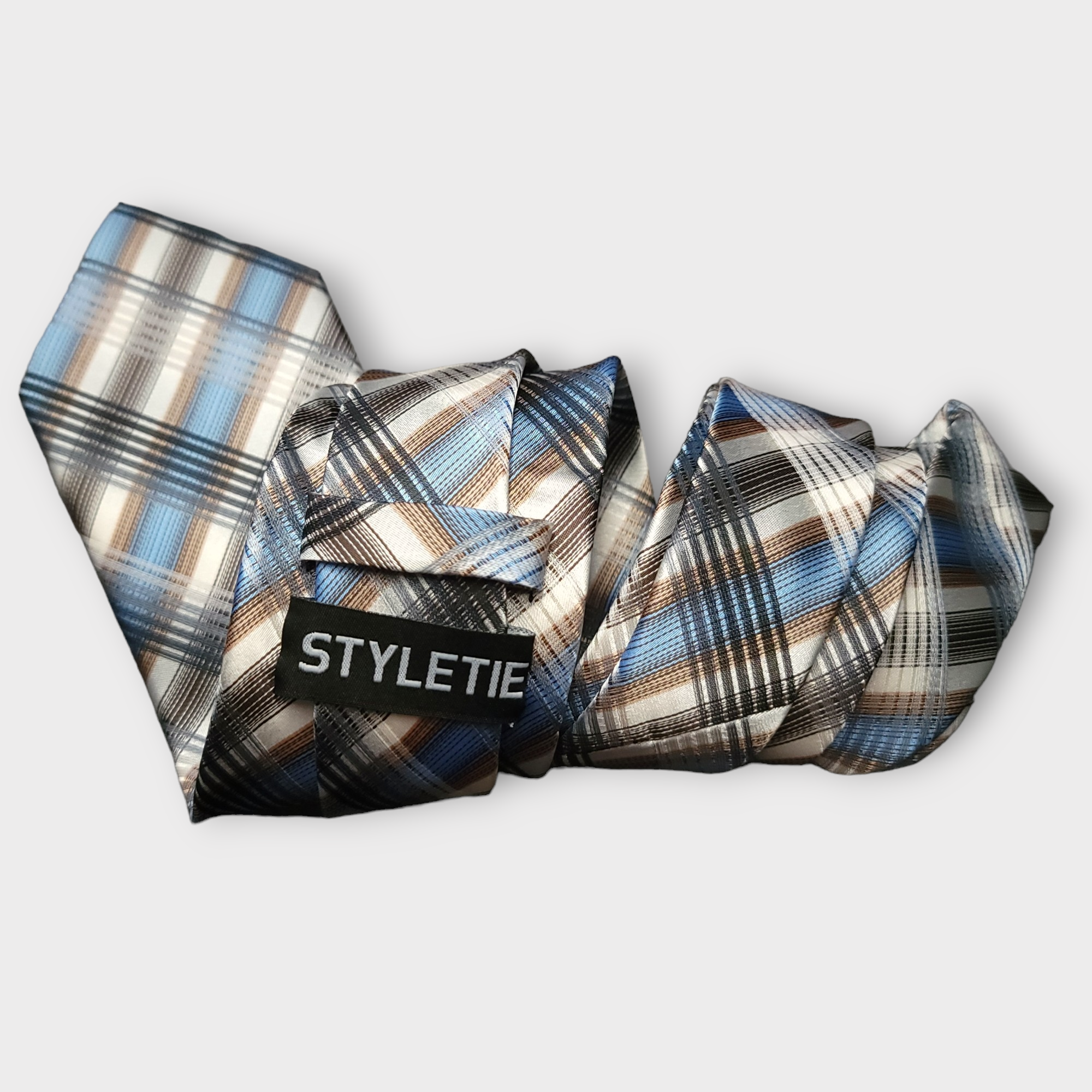 Black Blue Khaki Plaid Silk Tie Pocket Square Cufflink Set