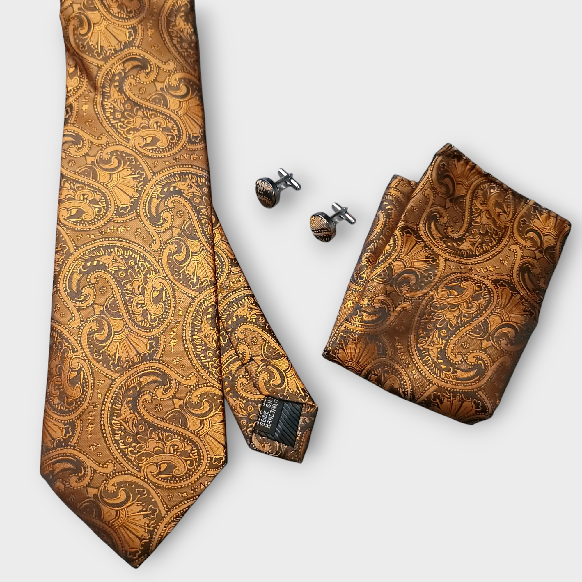 Orange Brown Jacquare Woven Silk Tie Pocket Square Cufflink Set