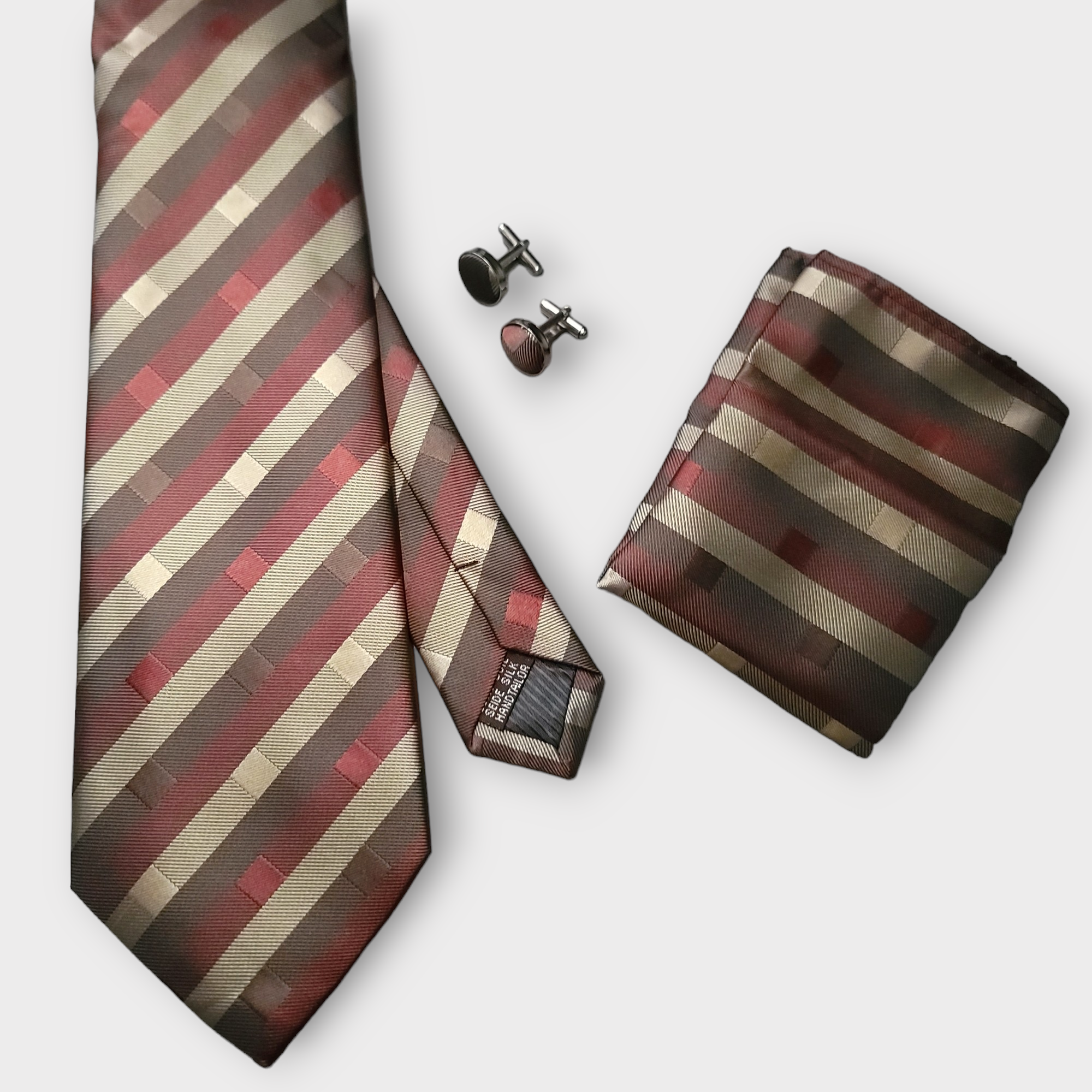 Brown Striped Silk Tie Pocket Square Cufflink Set