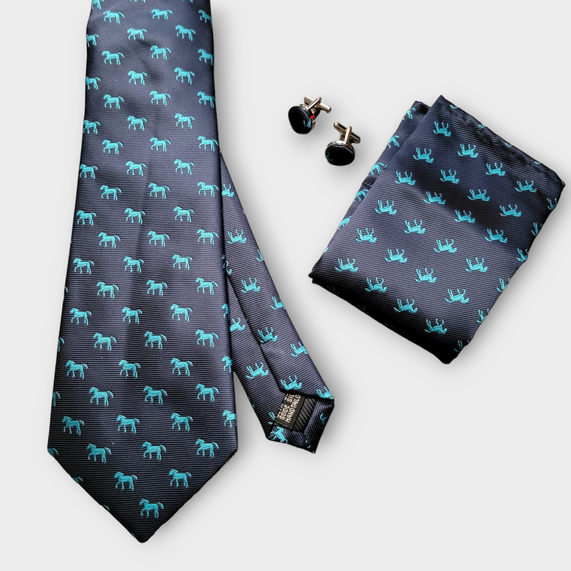 Navy Blue Horse Pattern Silk Tie Pocket Square Cufflink Set