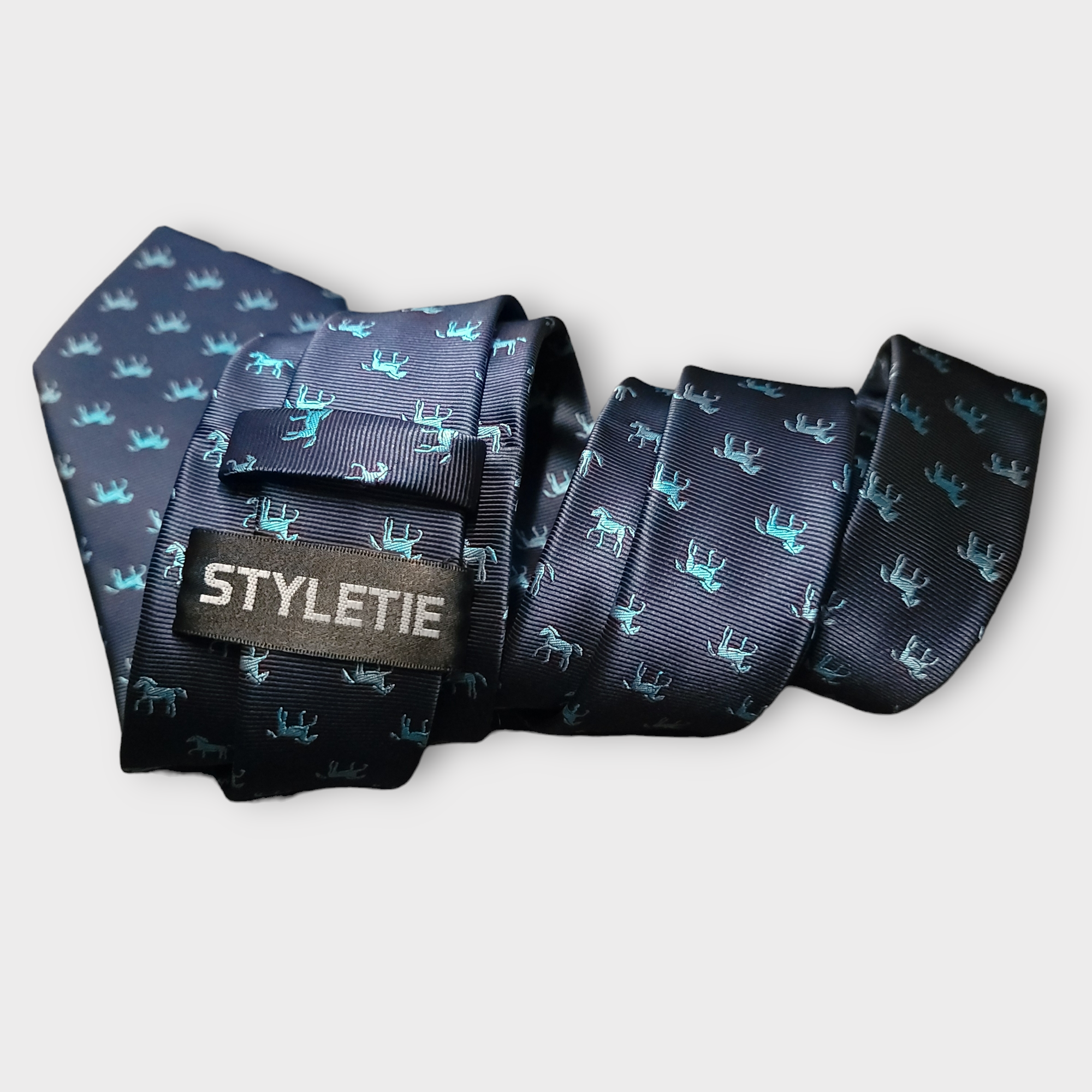 Navy Blue Horse Pattern Silk Tie Pocket Square Cufflink Set