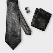 Extra Long Black Floral Tie Pocket Square Cufflink Set