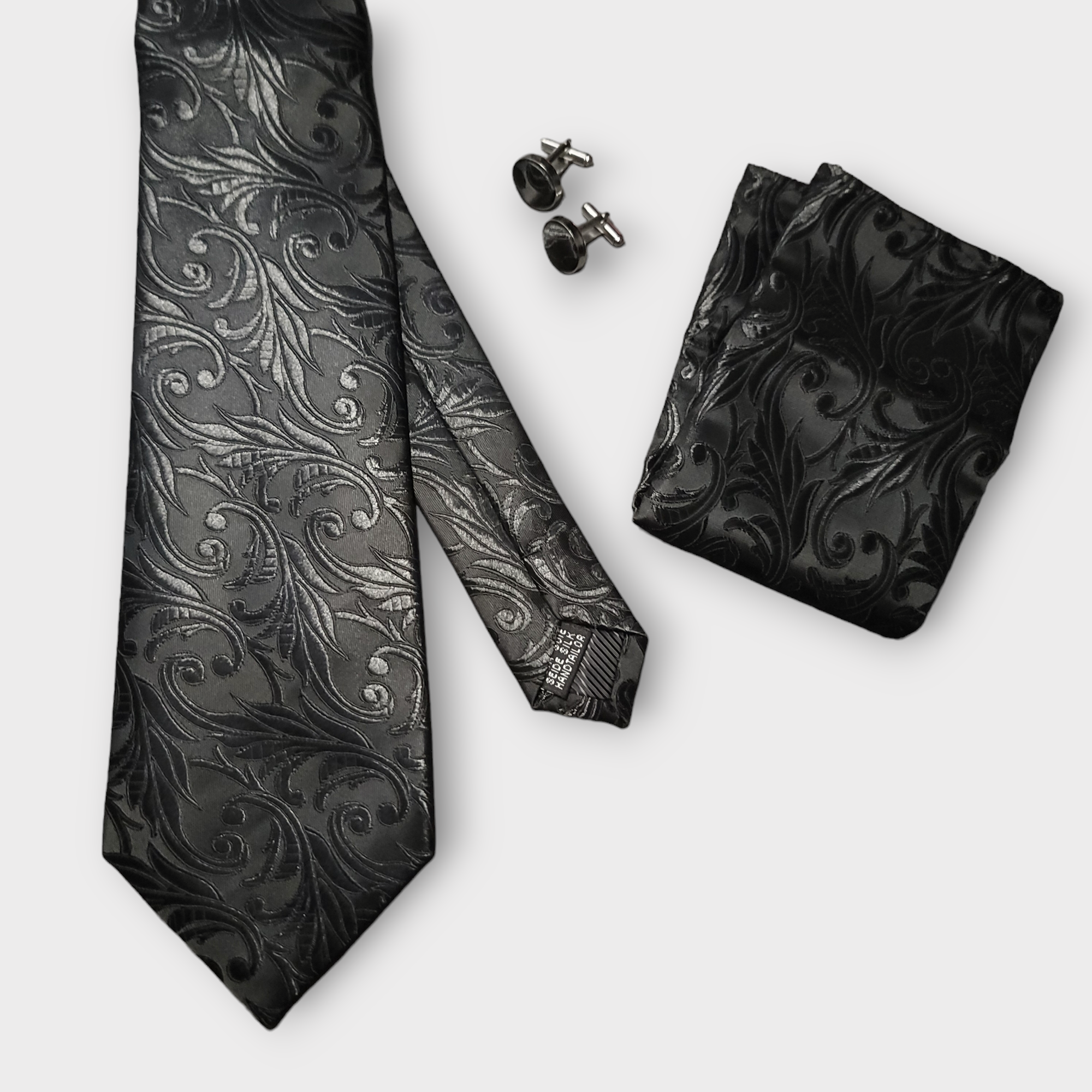 Black Floral Pattern Silk Tie Pocket Square Cufflink Set