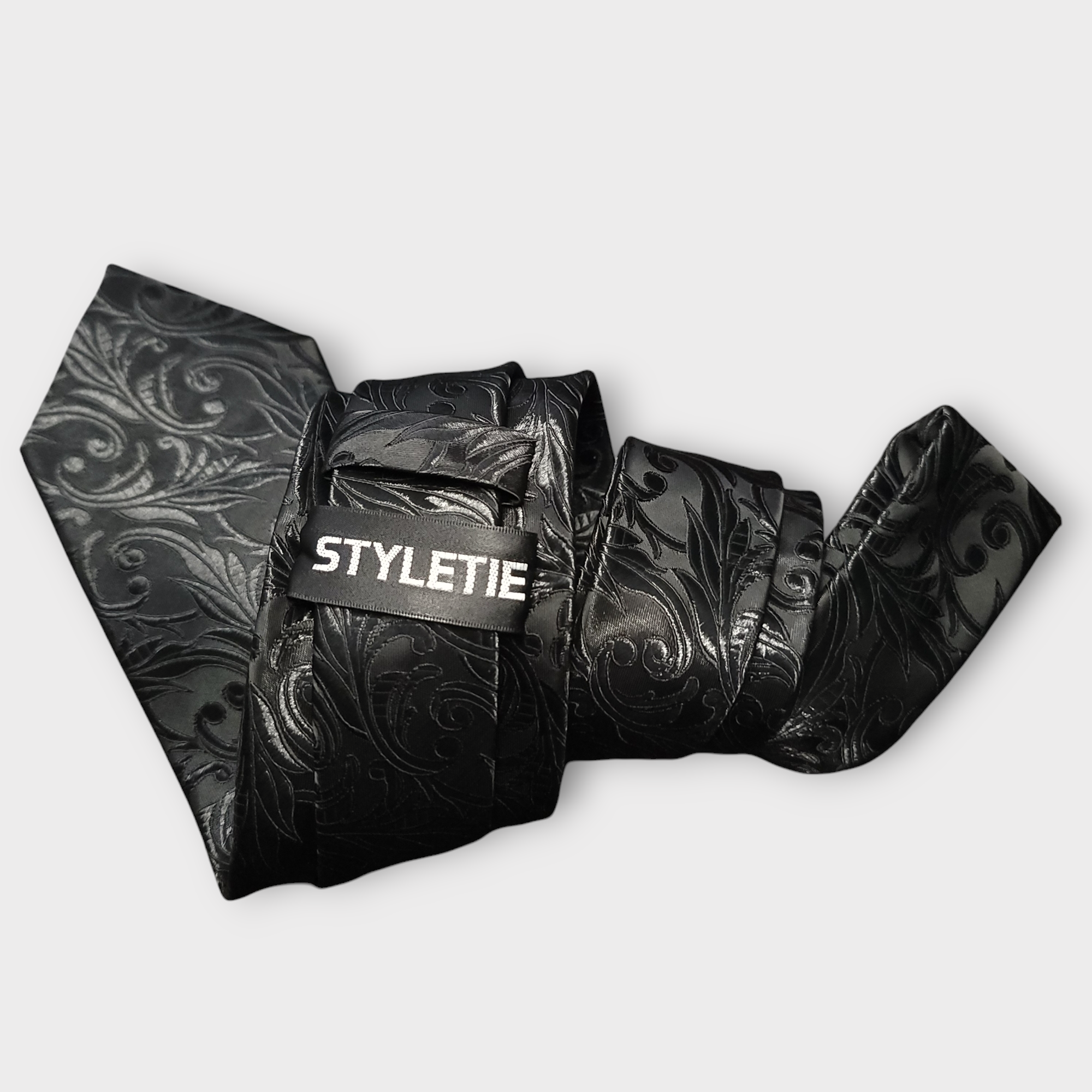 Extra Long Black Floral Tie Pocket Square Cufflink Set
