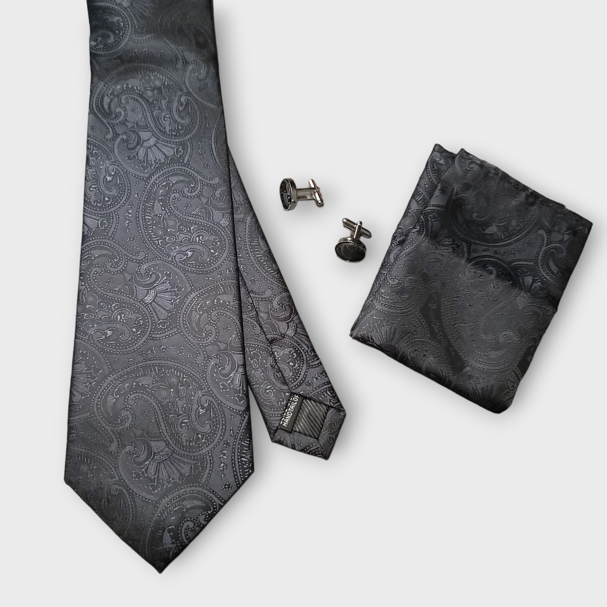 Extra Long Black Paisley Tie Pocket Square Cufflink Set