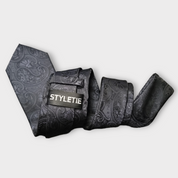 Extra Long Black Paisley Tie Pocket Square Cufflink Set