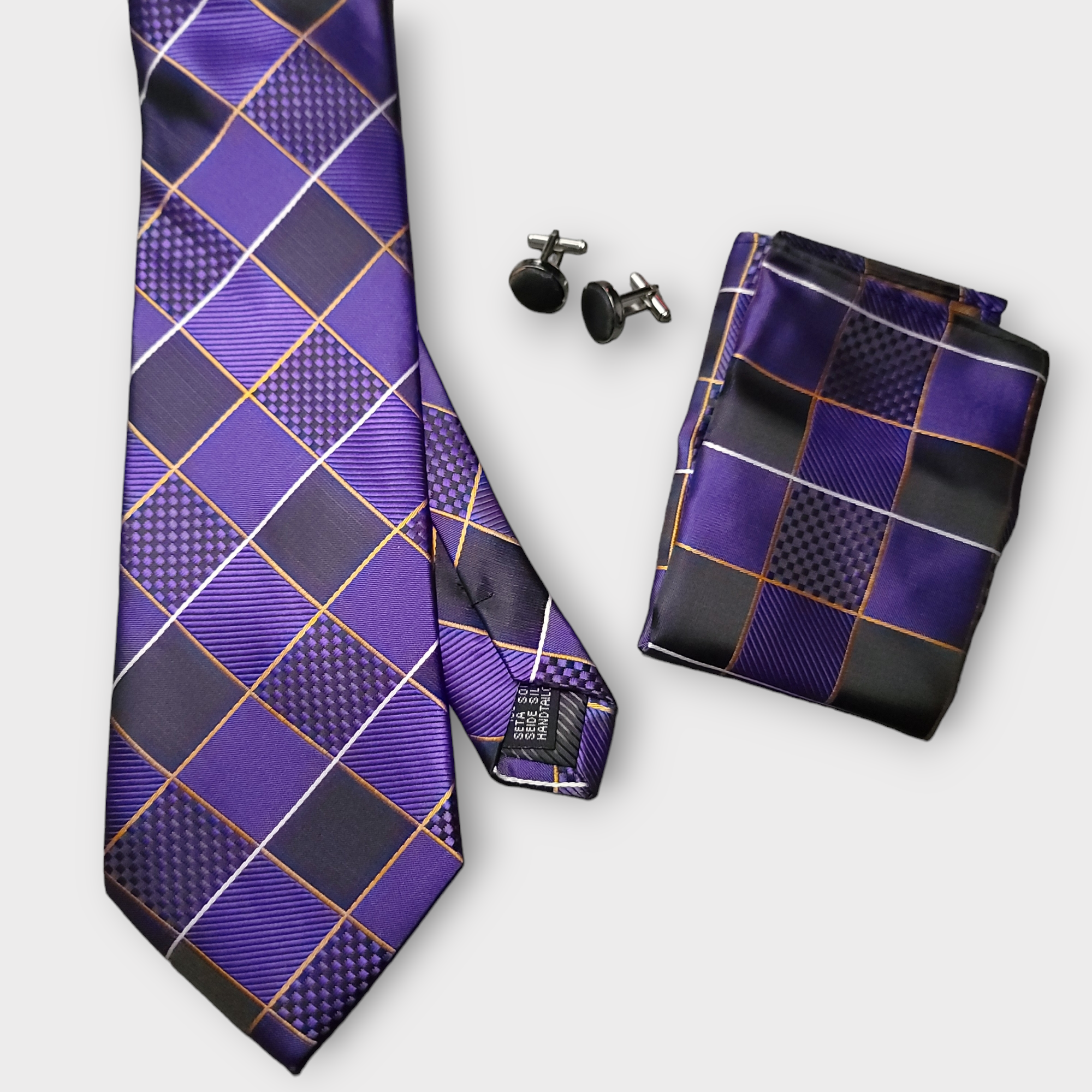 Purple Plaid Silk Tie Pocket Square Cufflink Set