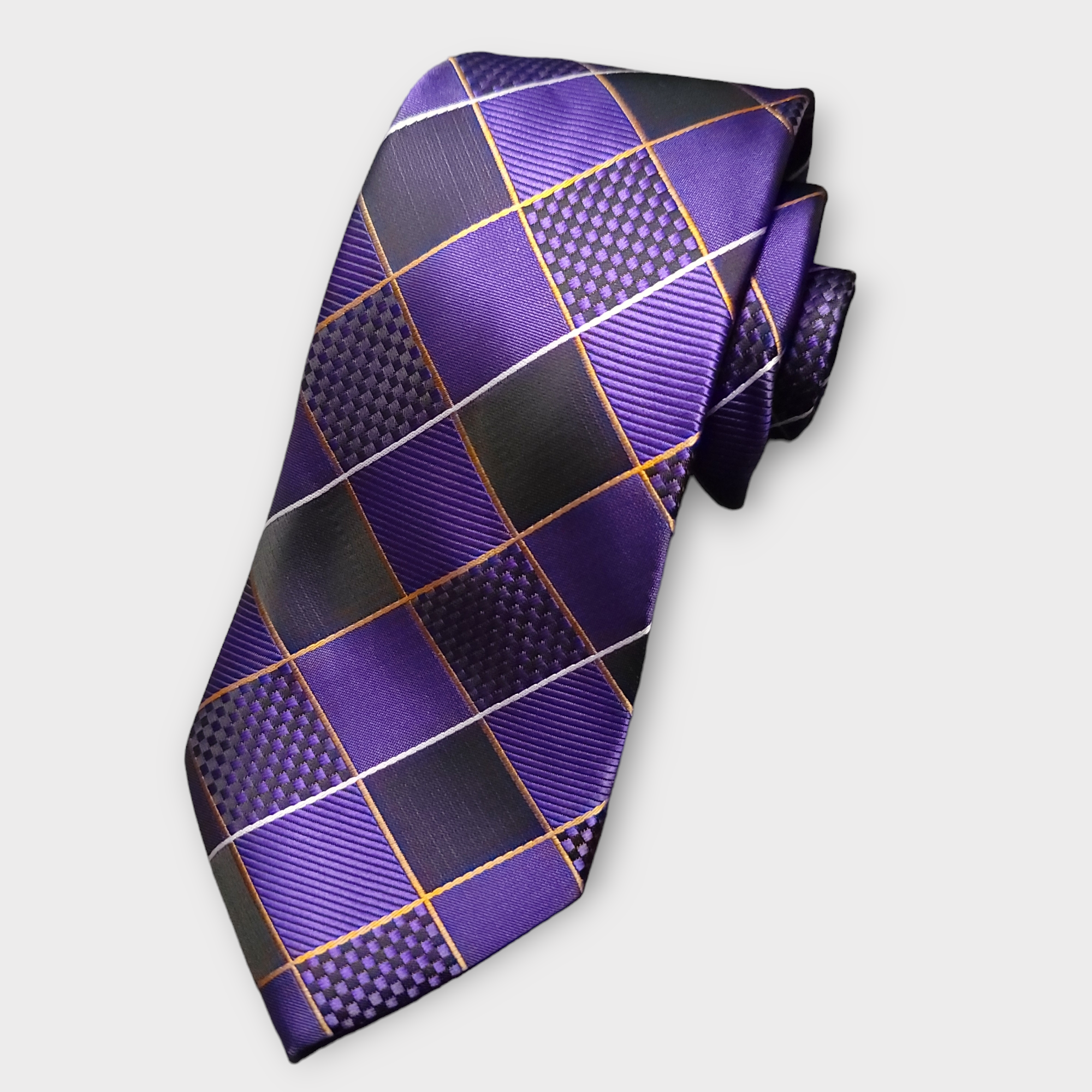 Purple Plaid Silk Tie Pocket Square Cufflink Set