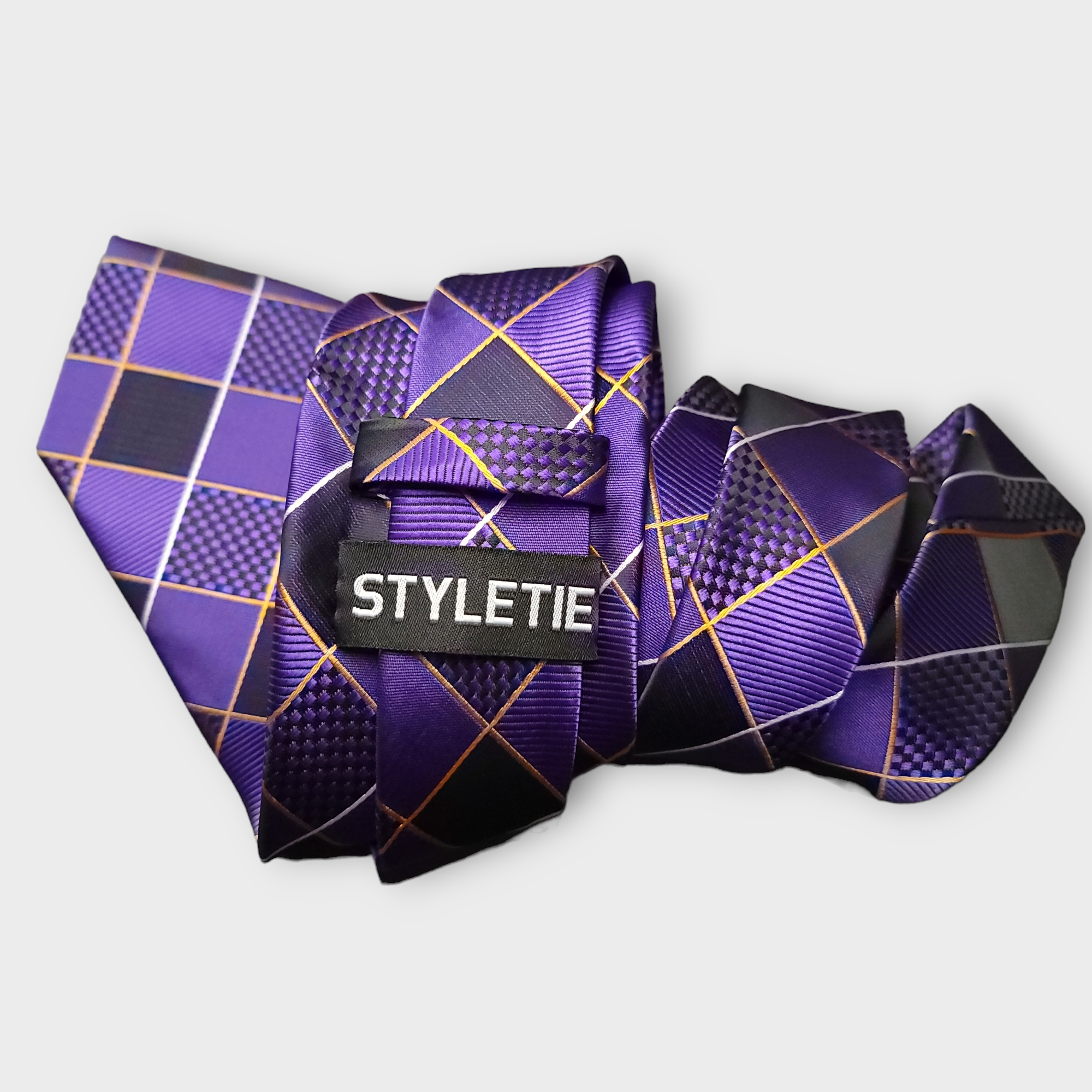 Purple Plaid Silk Tie Pocket Square Cufflink Set