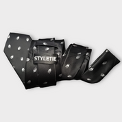 Black White Bird Pattern Silk Tie Pocket Square Cufflink Set