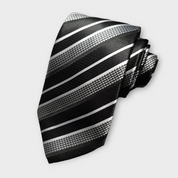 Black White Stripe Silk Tie Pocket Square Cufflink Set