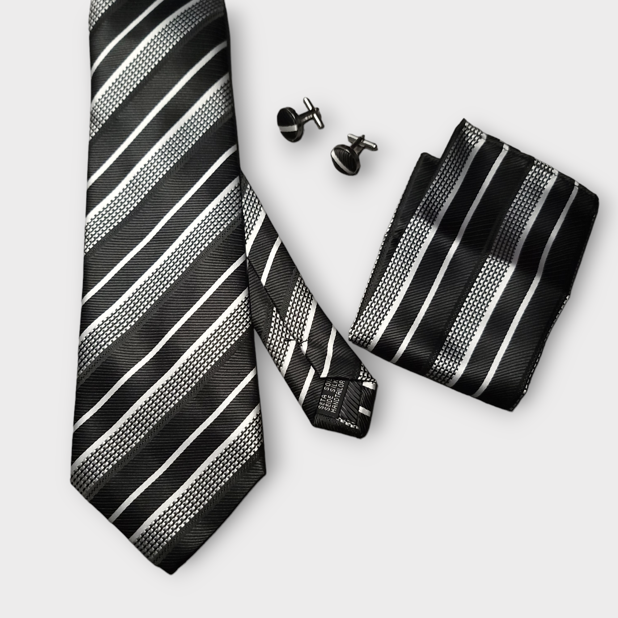 Black White Stripe Silk Tie Pocket Square Cufflink Set